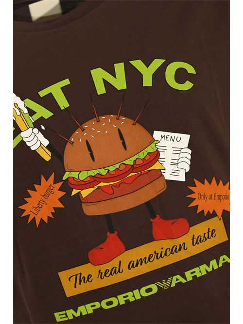 T-shirt in cotone con stampa EAT NYC Marrone GIORGIO ARMANI | EM003622 AF14836M6185